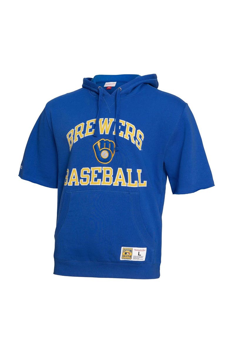 Mitchell & Ness Men's Mitchell & Ness Royal Milwaukee Brewers Cooperstown Collection Washed Fleece Pullover Short Sleeve Hoodie, Alternate, color, 