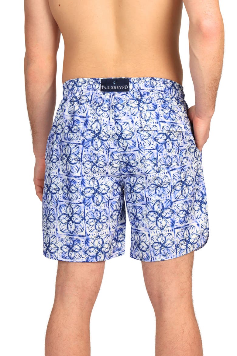 Floral Medallion Print Swim Trunks, Alternate, color, BLUE