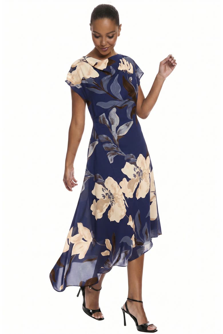 Asymmetrical Cap Sleeve Floral Midi Dress, Alternate, color, ASTRAL AURA/ MARLIN