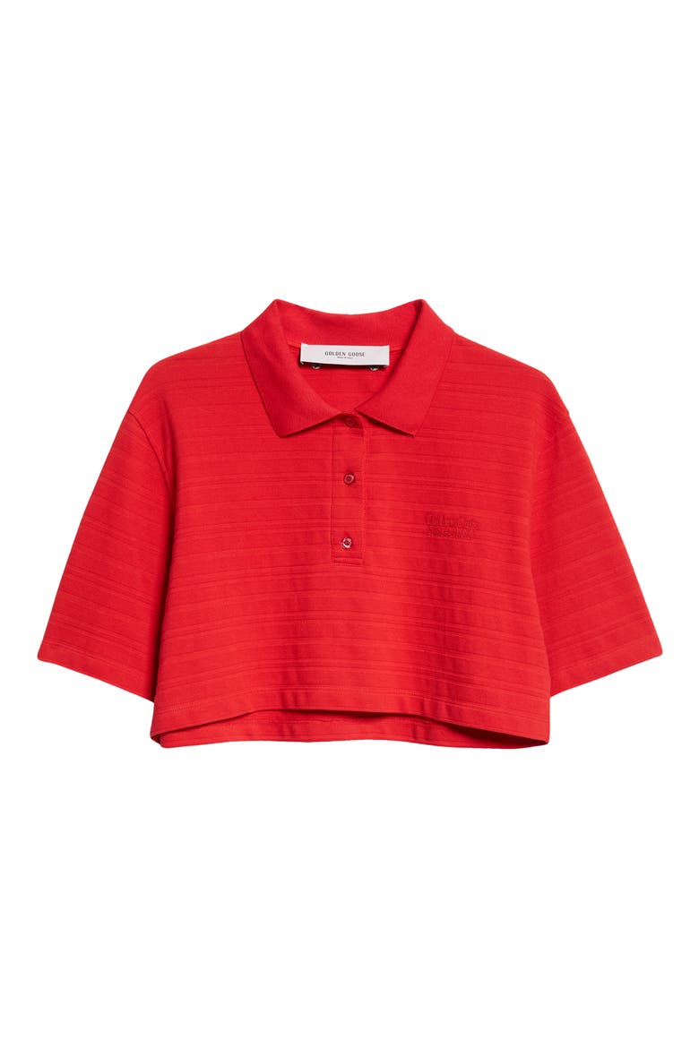 Textured Stripe Logo Embroidered Crop Polo, Alternate, color, HAUTE RED