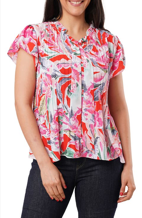 Pleated Tie Neck Short Sleeve Top