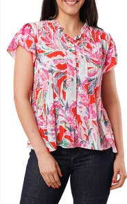 SUNNY LEIGH Pleated Tie Neck Short Sleeve Top