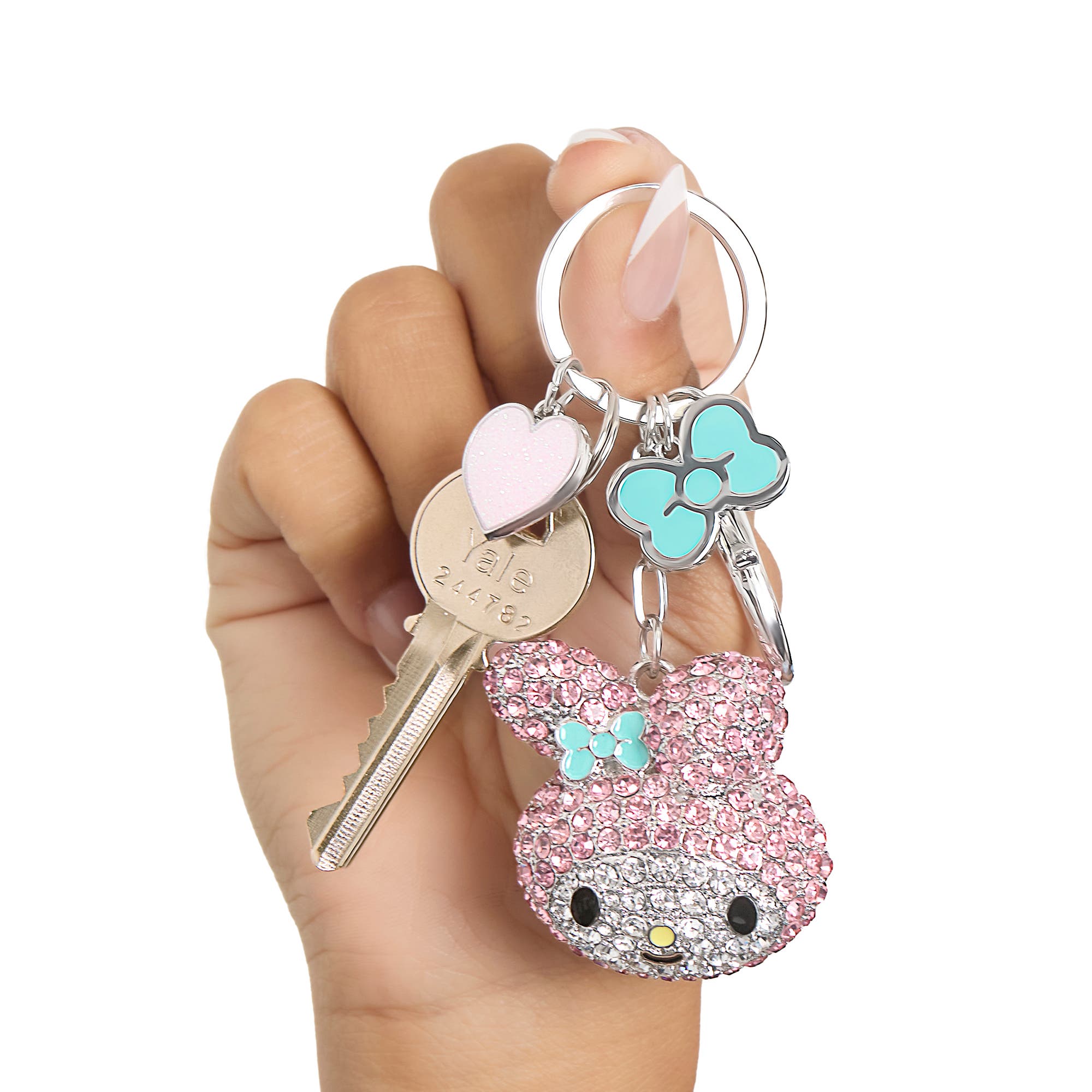Hello Kitty My Melody Crystal Cluster Pavé Bag Charm Keychain, Alternate, color, Pink, Multi