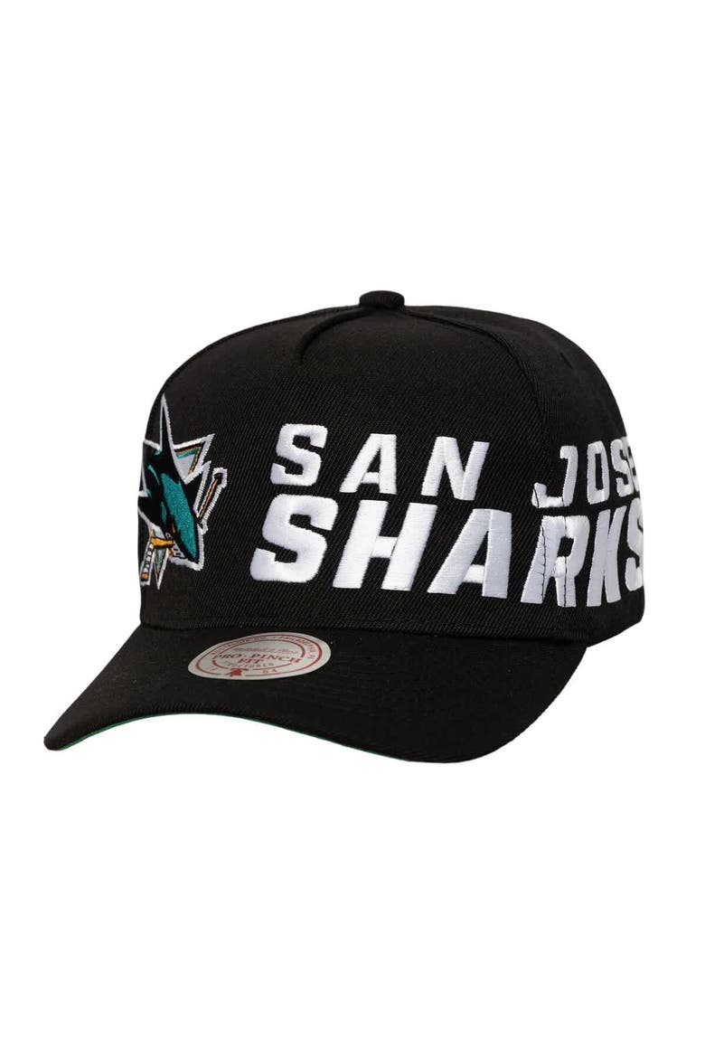 Men's Mitchell & Ness  Black San Jose Sharks Busted Logo Wordmark Wrap-Around Pro Pinch Adjustable Hat, Main, color, Black