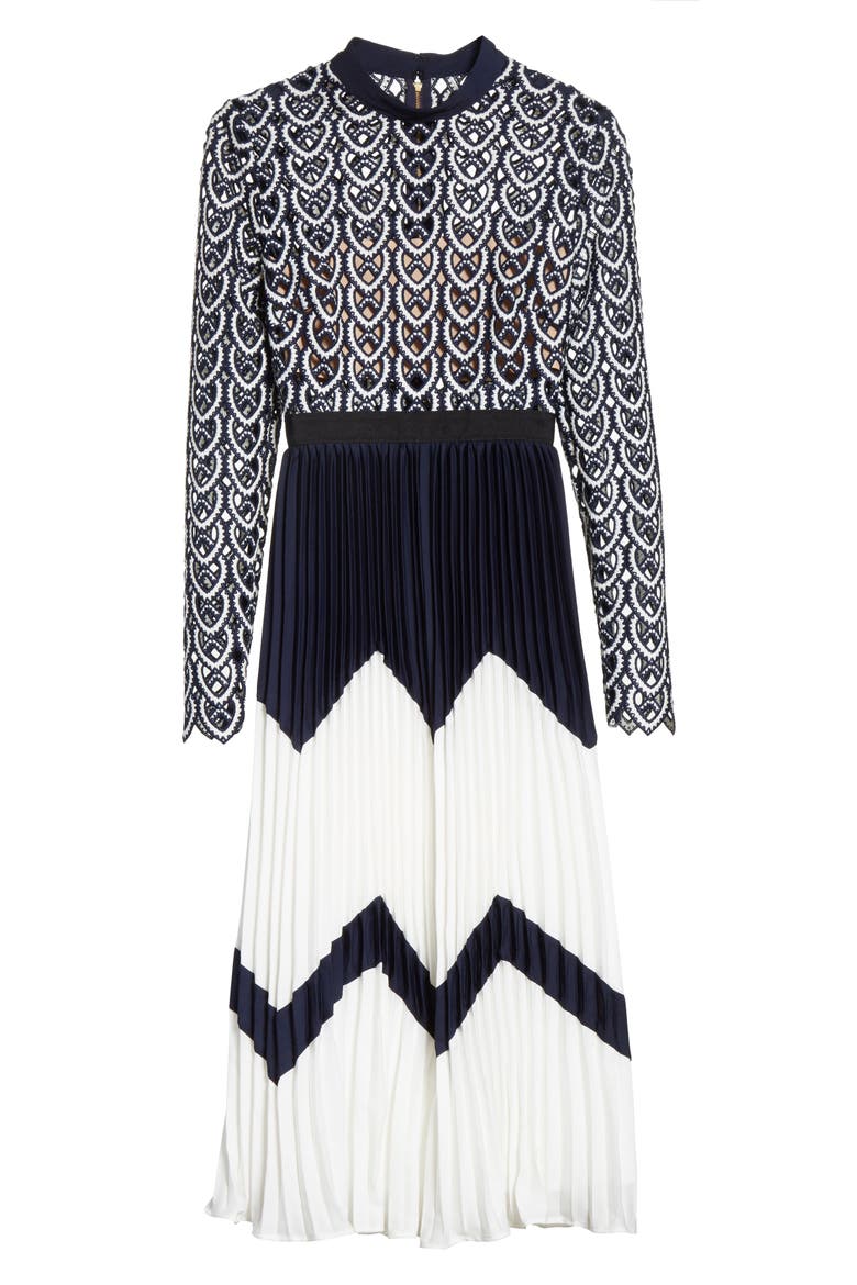 Sweetheart Crochet Pleated Midi Dress, Alternate, color, NAVY/ WHITE