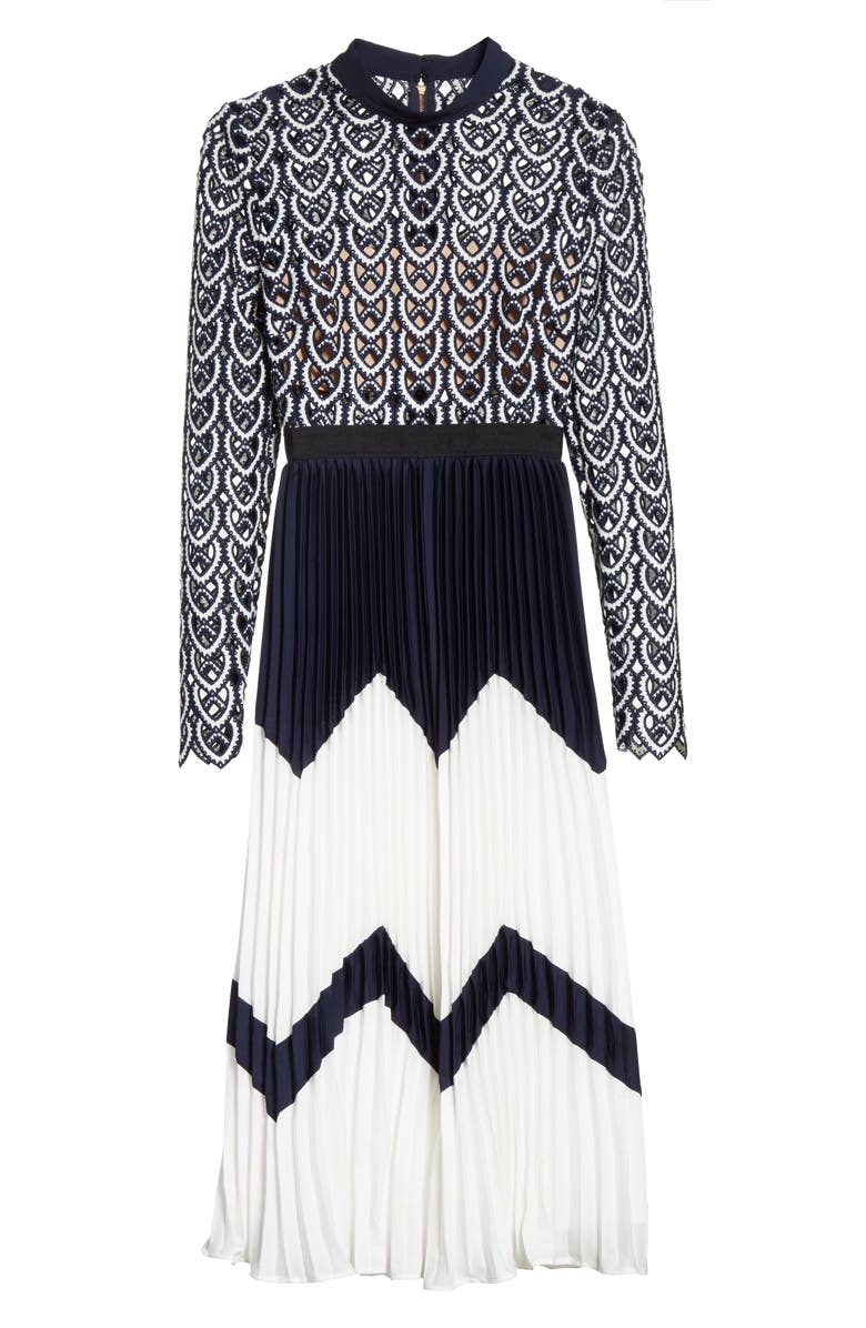 Self-Portrait Sweetheart Crochet Pleated Midi Dress, Alternate, color, 