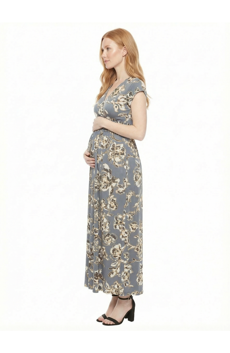 24seven Comfort Apparel Maternity Floral V-Neck Cap Sleeve Side Slit Pocket Maxi Dress, Alternate, color, Grey Multi