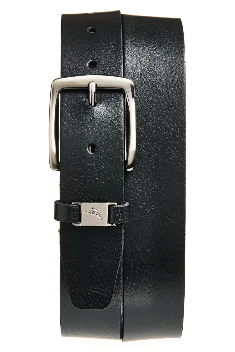 Marlin Logo Loop Leather Belt, Main, color, BLACK