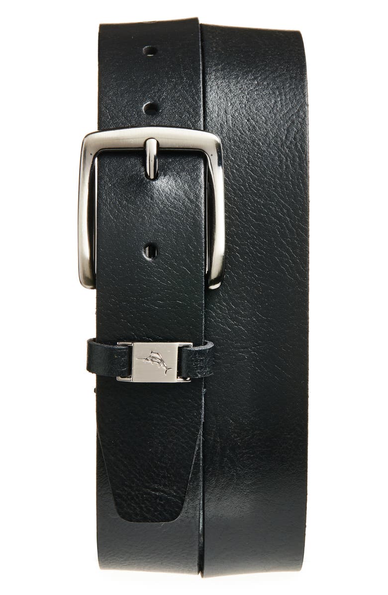 Tommy Bahama Marlin Logo Loop Leather Belt, Main, color, Black