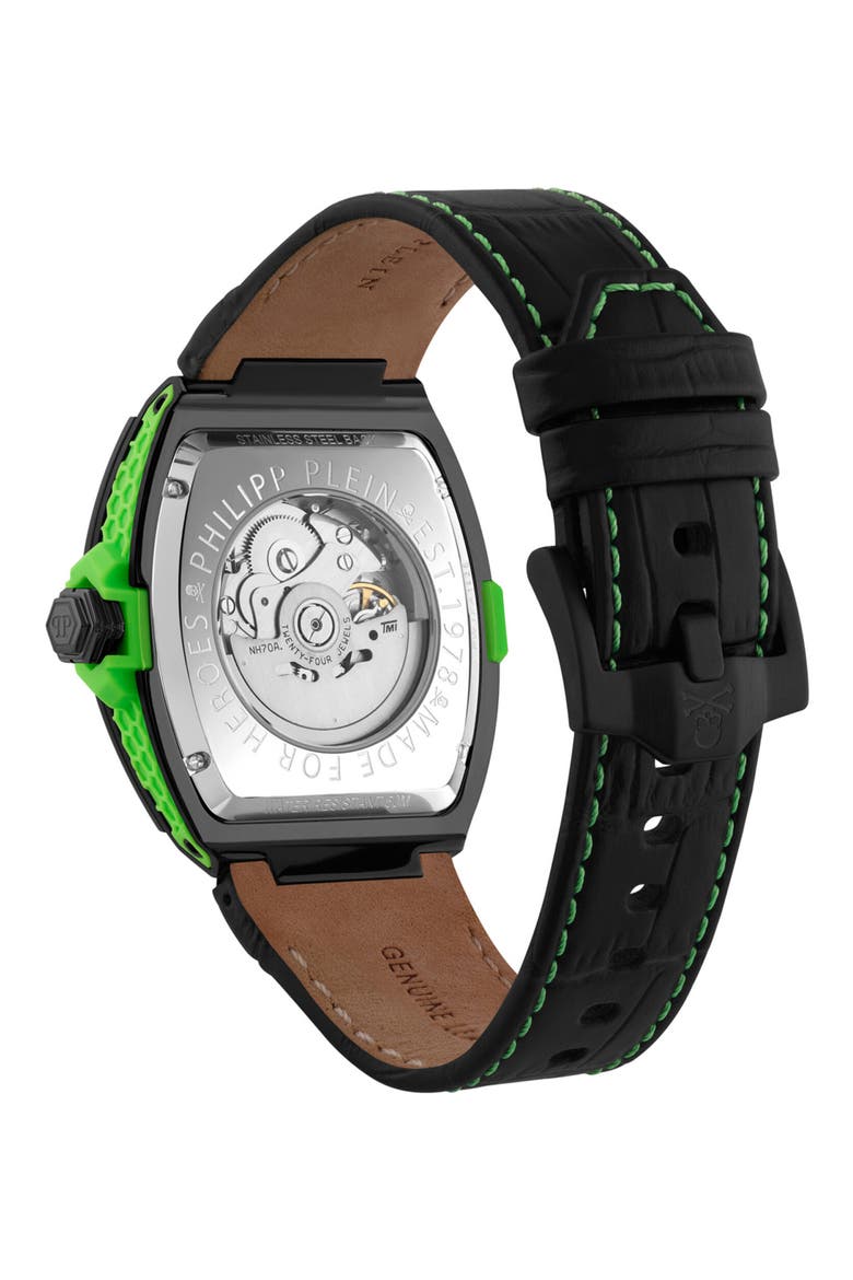 The $keleton 2.0 Automatic Leather Strap Watch, 44mm, Alternate, color, BLACK