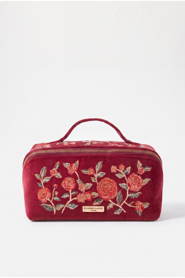 Camellia Romance Velvet Open Flat Makeup Bag, Main, color, Cranberry