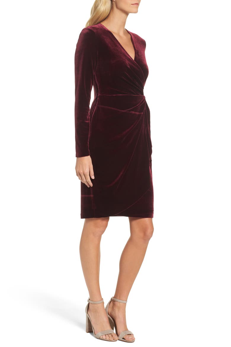Velvet Faux Wrap Dress, Alternate, color, WINE