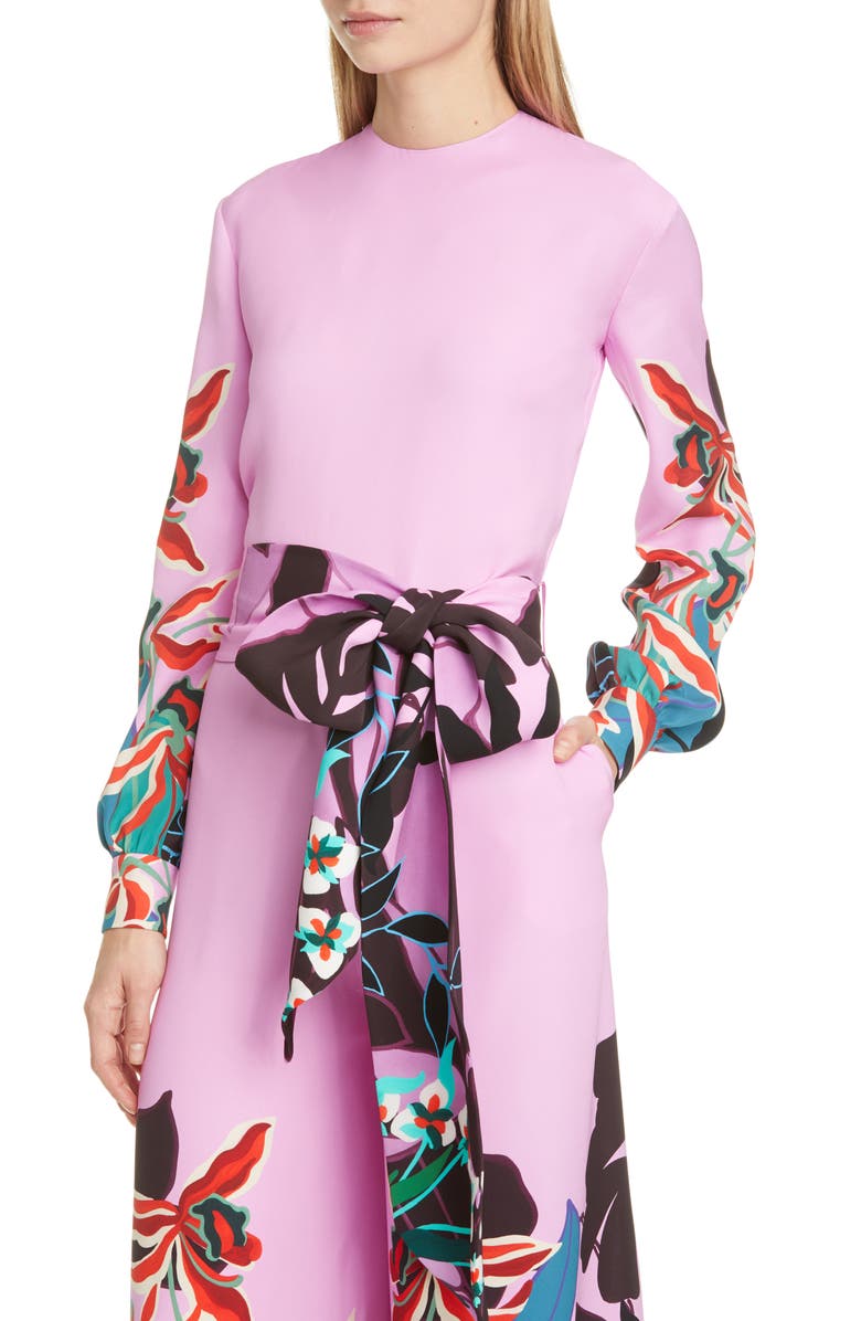 Valentino Orchid Print Long Sleeve Wide Leg Silk Cady Jumpsuit, Alternate, color, 