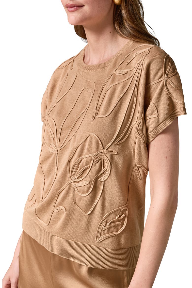 Embroidered Short Sleeve Cotton Sweater, Alternate, color, FAWN