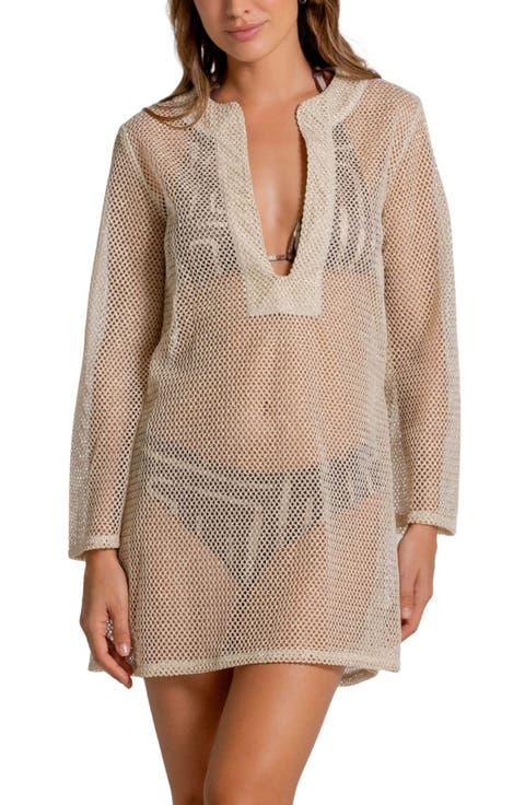 Metallic Long Sleeve Sheer Open Stitch Cover-Up Minidress