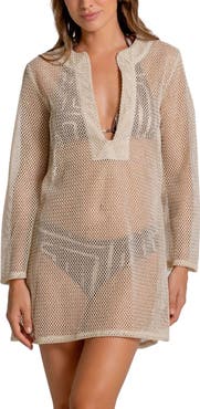Cosita Linda Metallic Long Sleeve Sheer Open Stitch Cover-Up Minidress