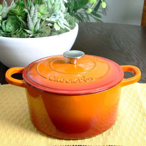 Crock-pot Artisan 5 Quart Round Enameled Cast Iron Dutch Oven In Sunset Orange In Orange