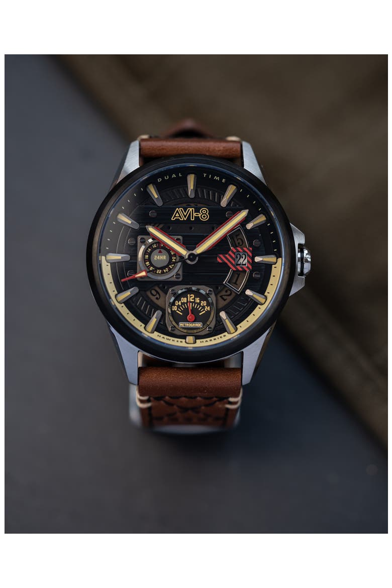 Hawker Harrier Farley Leather Strap Watch, 44mm, Alternate, color, BLACK