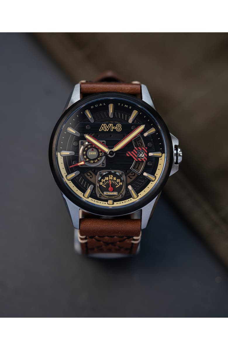 AVI-8 Hawker Harrier Farley Leather Strap Watch, 44mm, Alternate, color, Black