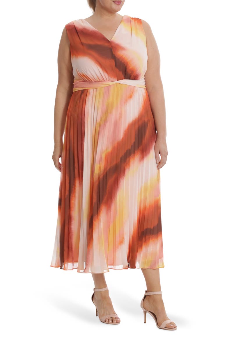 V-Neck Pleated Midi Dress, Main, color, SOFT CREME/RUST MULTI
