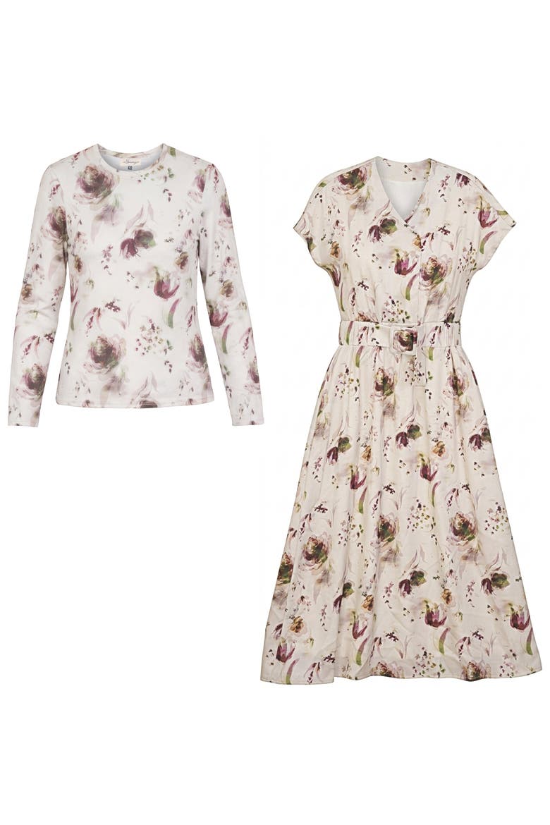 Printed Midi Dress Set - 2-Piece Polyester Woven, Fully Lined, Main, color, Wine Print
