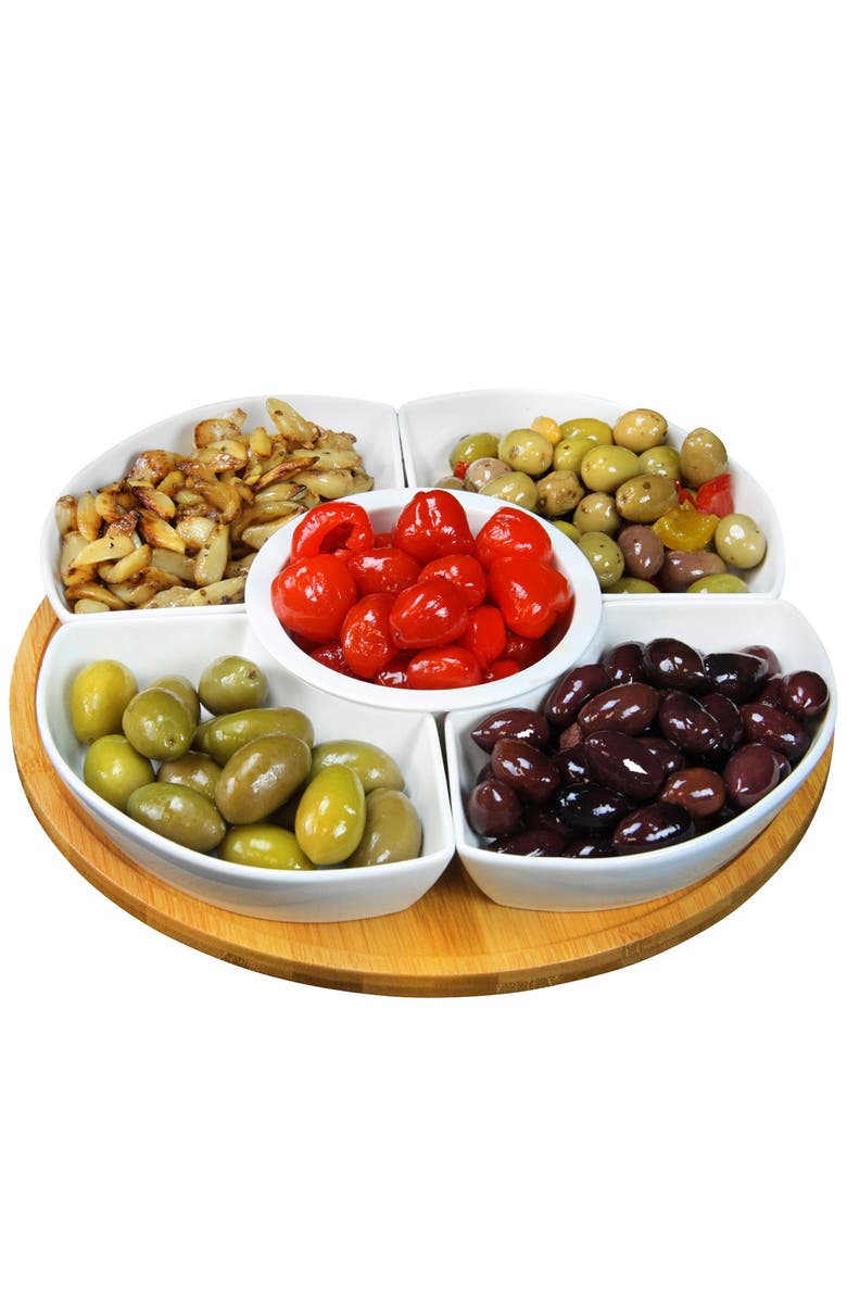 Elama Signature 12 1/4 Inch 6-Piece Lazy Susan Appetizer and Condiment Server Set with 5 Serving Dishes and a Wood Lazy Suzan Serving Tray, Alternate, color, White