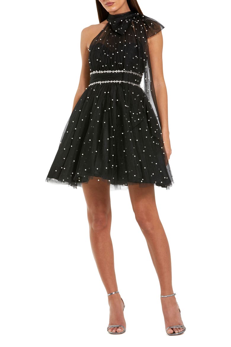 Pearl Embellished Tulle Tie Neck A Line Mini Dress, Main, color, Black Ivory