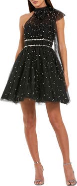 Mac Duggal Pearl Embellished Tulle Tie Neck A Line Mini Dress