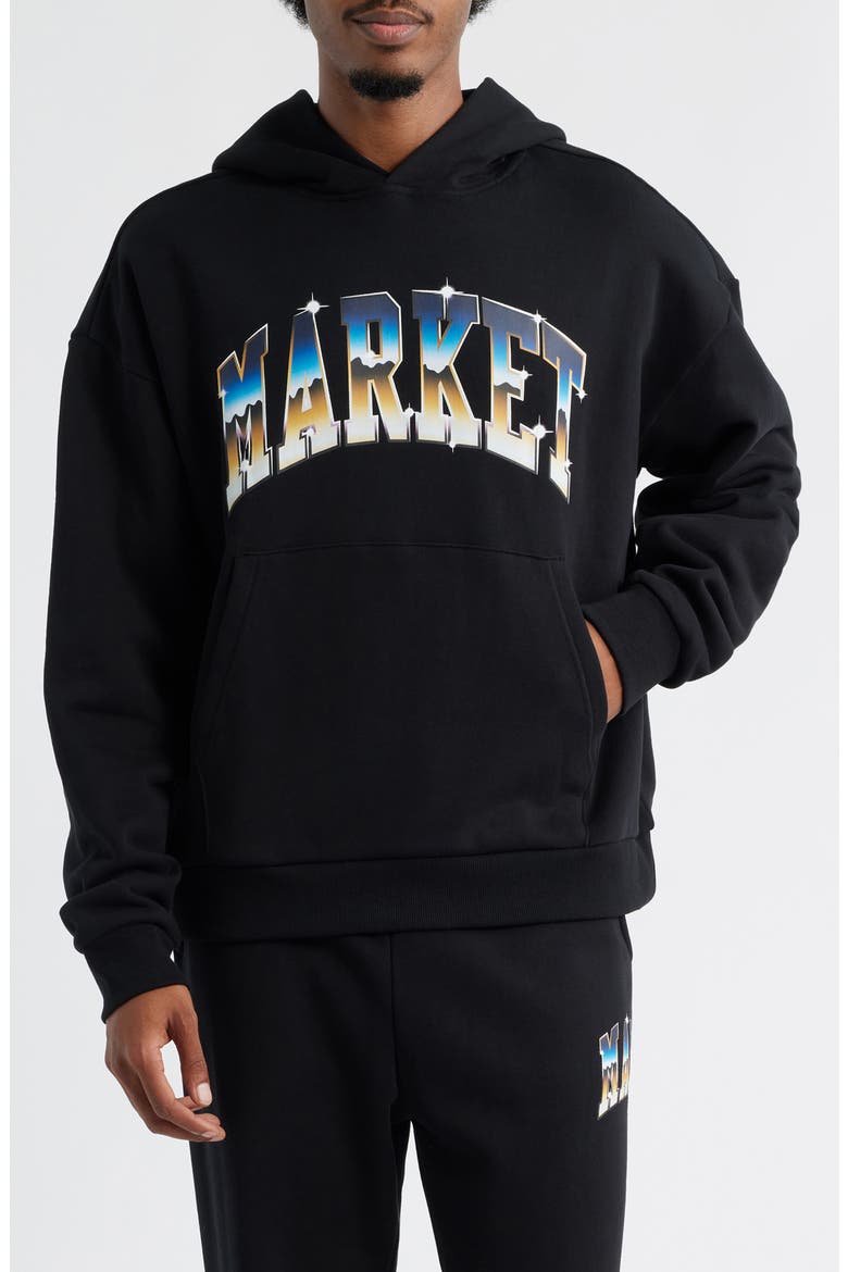 SMILEY® Chrome Logo Cotton Fleece Hoodie (Nordstrom Exclusive), Main, color, BLACK