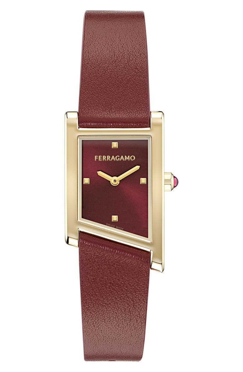 FERRAGAMO Asymetrique Leather Strap Watch, 22mm x 36mm, Main, color, Yellow Gold