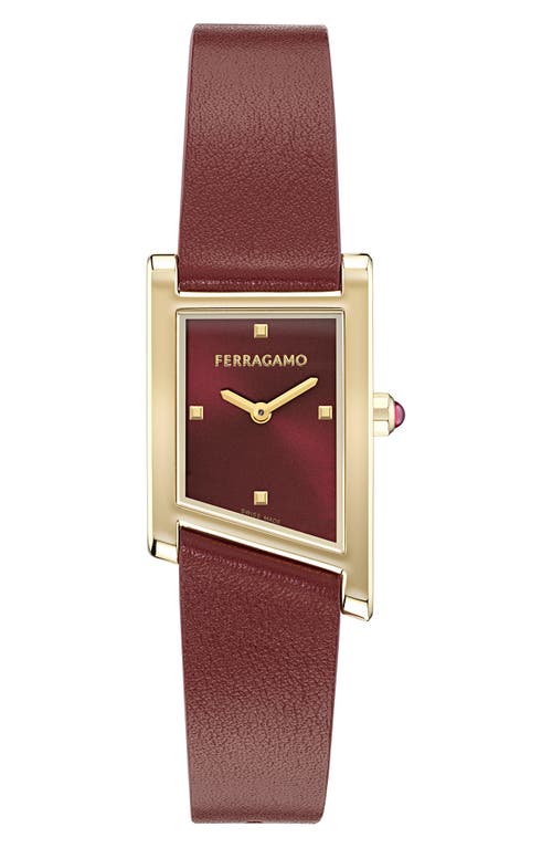 Ferragamo Women's Swiss Asymetrique Burgundy Leather Strap Watch 22x36mm In Yellow Gold