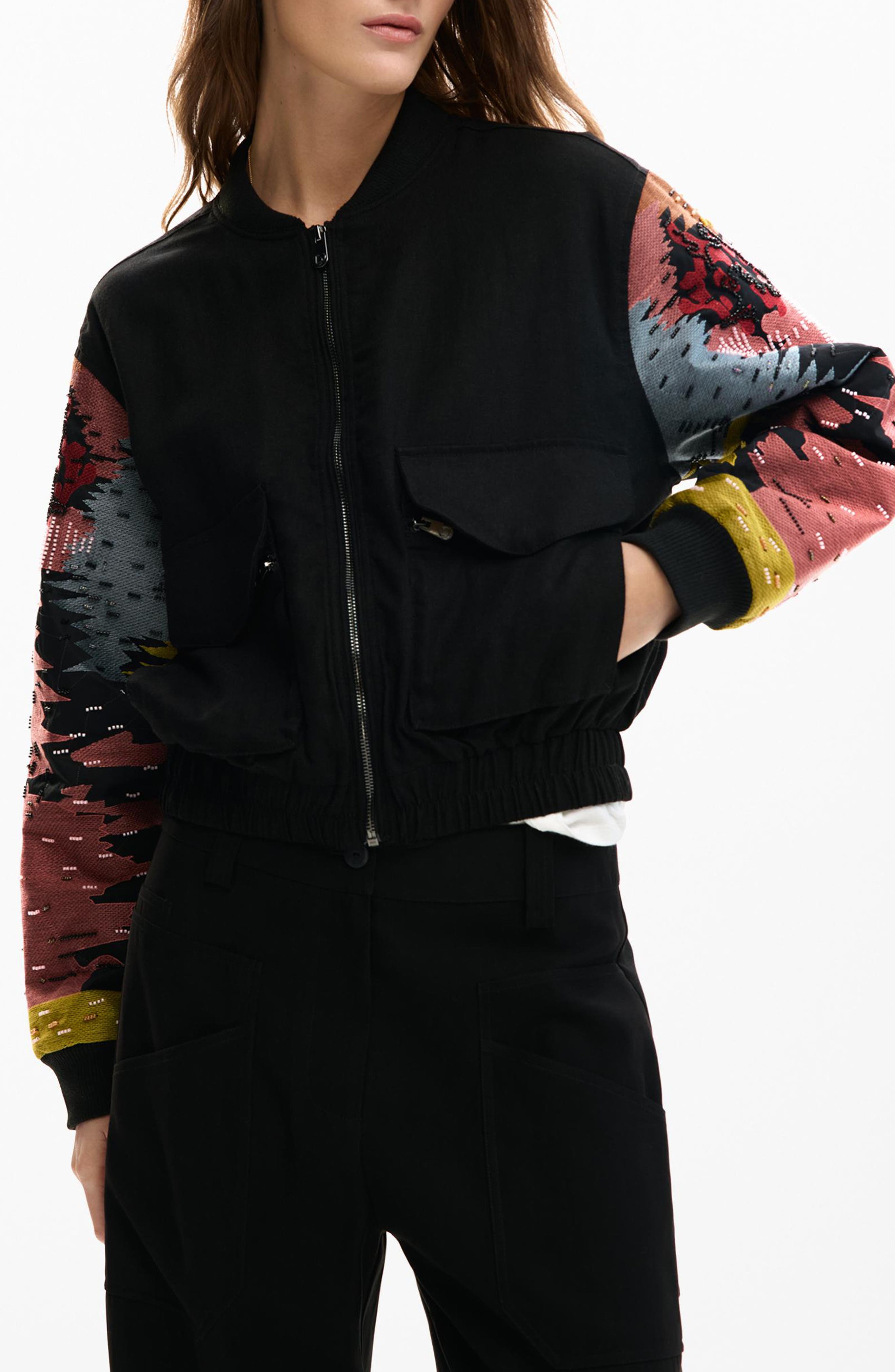 Bead Detail Mixed Media Bomber Jacket
