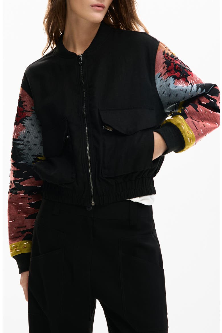 Bead Detail Mixed Media Bomber Jacket, Main, color, BLACK