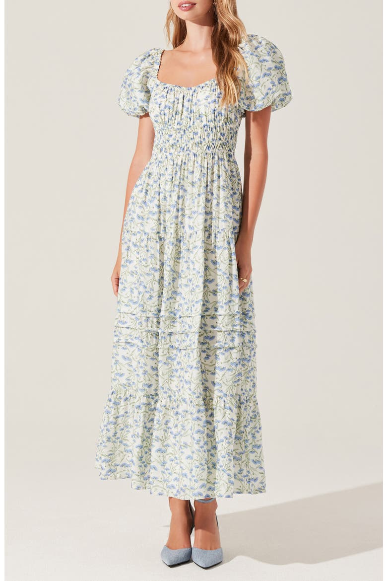 Florentina Floral Print Smocked Dress, Main, color, CREAM BLUE FLORAL