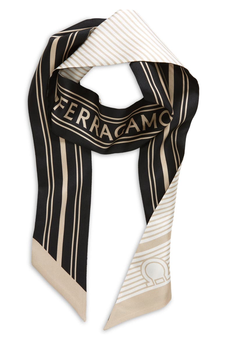 Focus Stripe Print Silk Twilly Scarf, Alternate, color, BEIGE/ BLACK/ WHITE