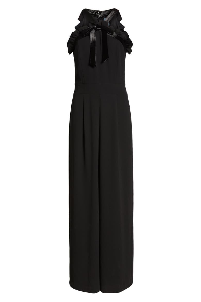 Velvet Bow Detail Jumpsuit, Alternate, color, RICH BLACK
