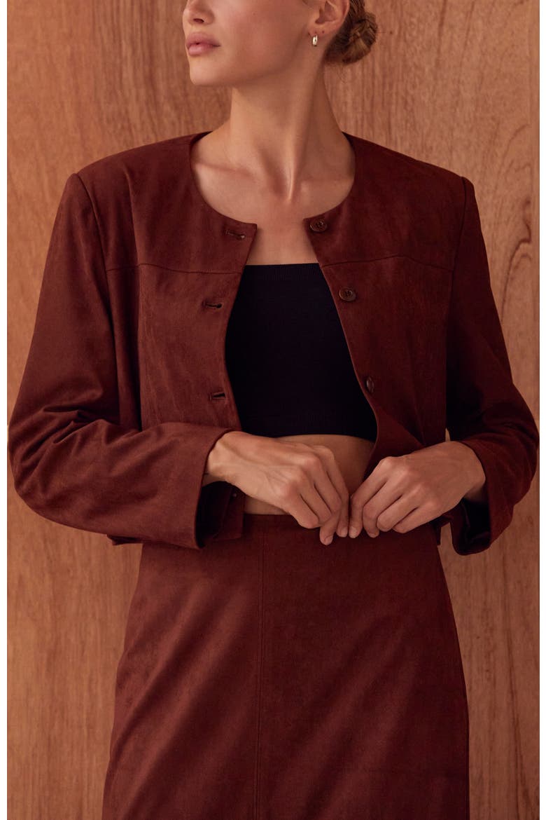 Faux Suede Collarless Cropped Jacket, Alternate, color, Brown