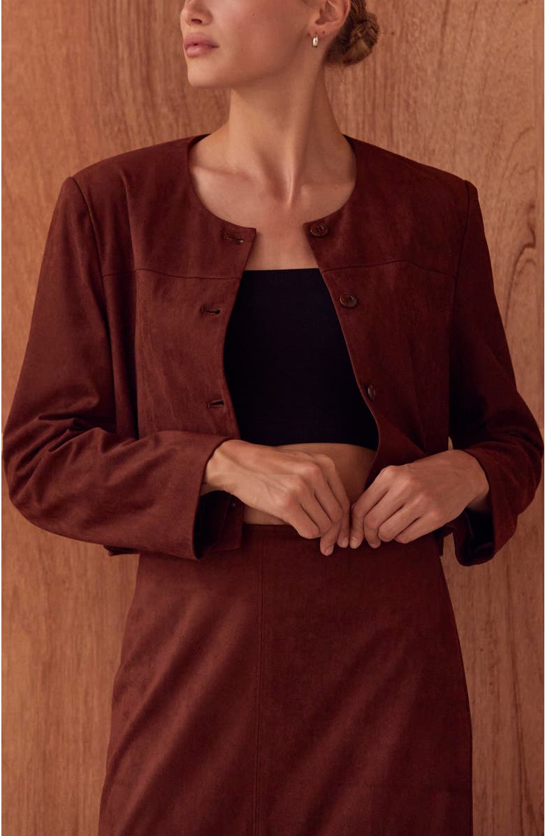 CRESCENT Faux Suede Collarless Cropped Jacket, Alternate, color, Brown