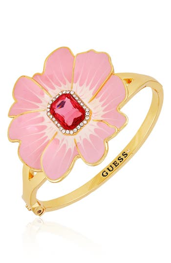 Guess Gold-tone Color Crystal Flower Bangle Bracelet In Gold