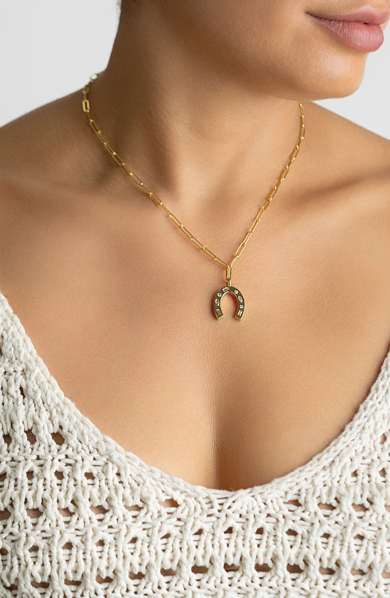 Adornia CZ Horseshoe Pendant Paper Clip Chain Necklace, Alternate, color, Gold