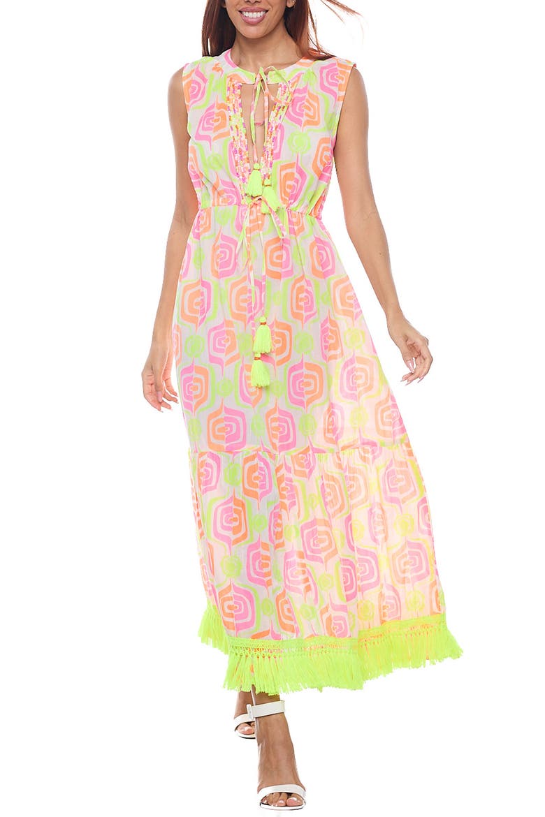 Tie Neck Fringe Trim Cotton Maxi Sundress, Main, color, NEON