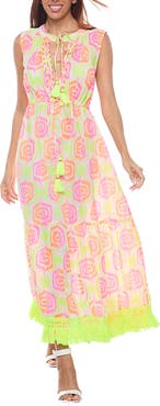 RANEES Tie Neck Fringe Trim Cotton Maxi Sundress