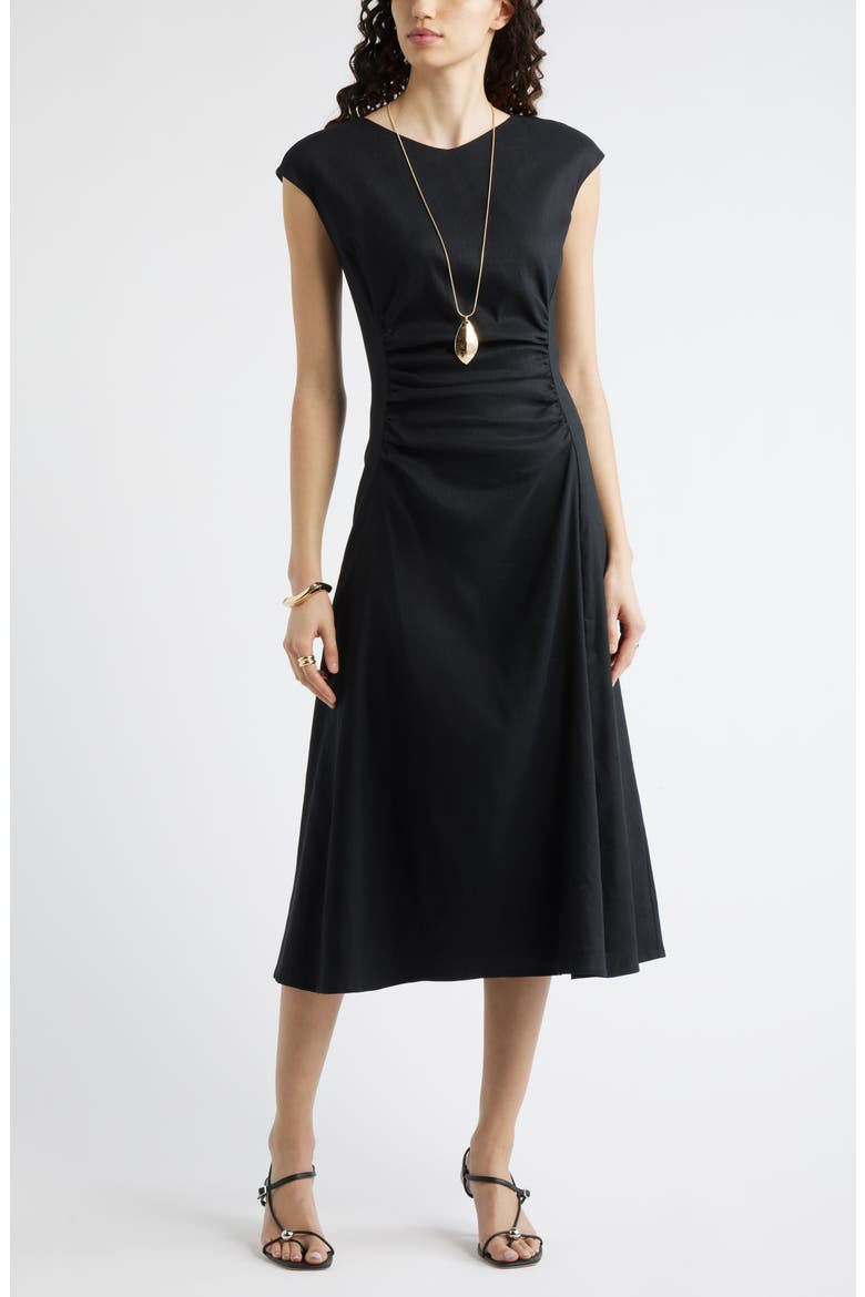Linen Blend Ruched Midi Dress, Main, color, BLACK
