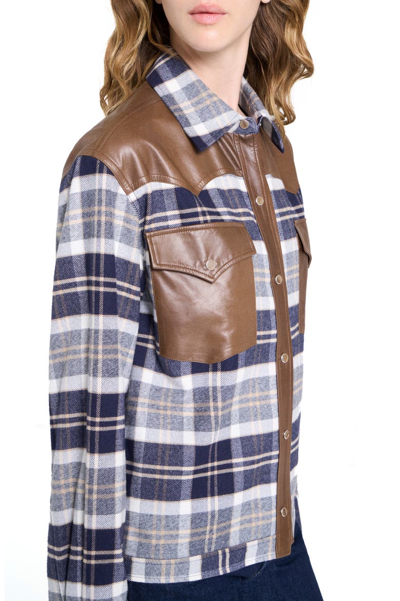 Waylon Leather Trim Plain Flannel Western Shirt, Alternate, color, MIDNIGHT/ BONE/ TOBACC