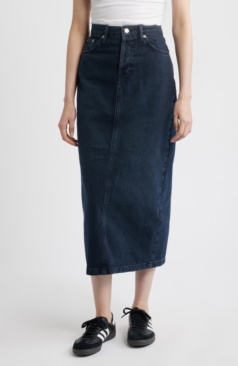 Topshop Denim Midi Skirt, Main, color, Navy