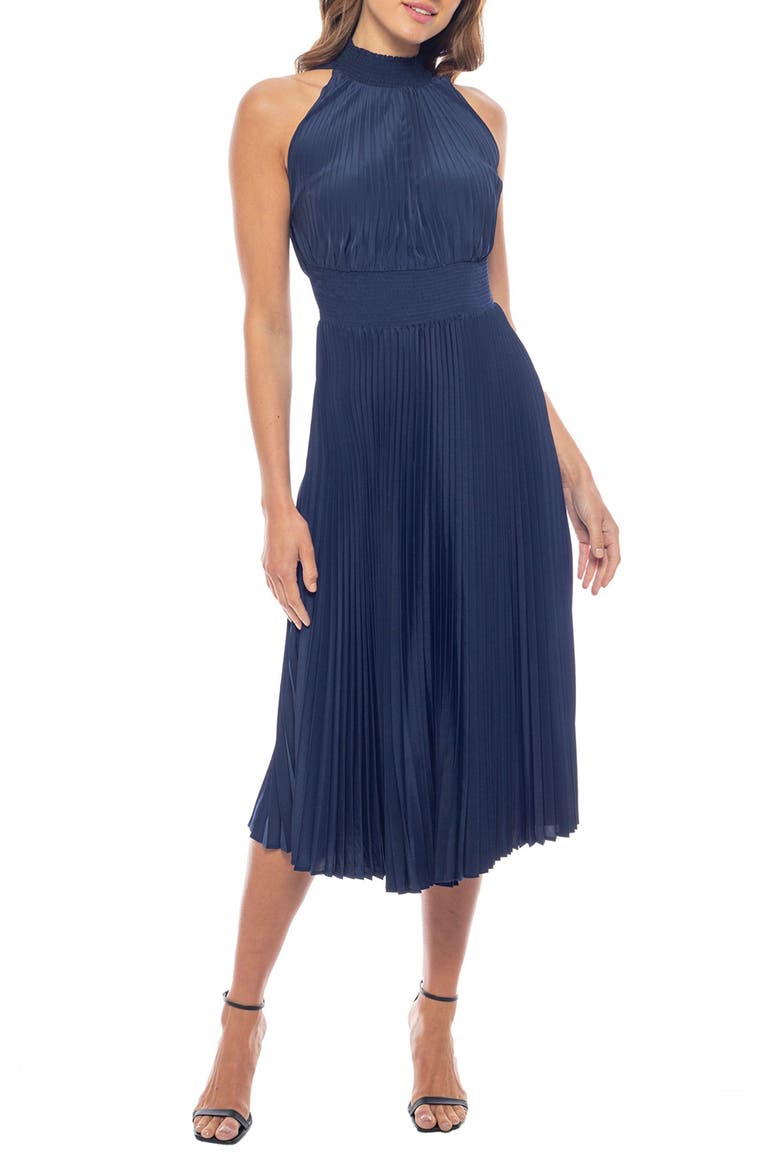 Pleated Midi Dress, Main, color, DARK NAVY