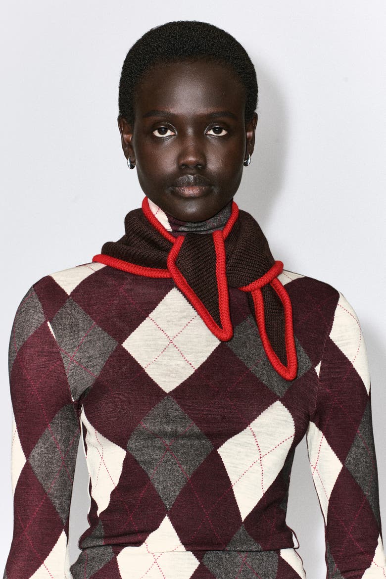 Contrast-Tipped Merino Wool Triangle Scarf, Alternate, color, BROWN / RED