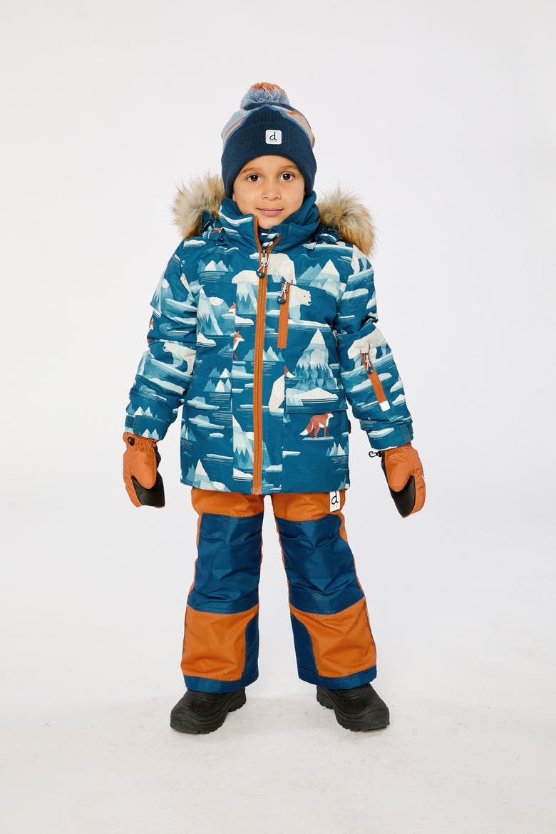 Play Faux Fur Hood Bear Jacket & Pants Two Piece Snowsuit, Alternate, color, Blue Bear Print