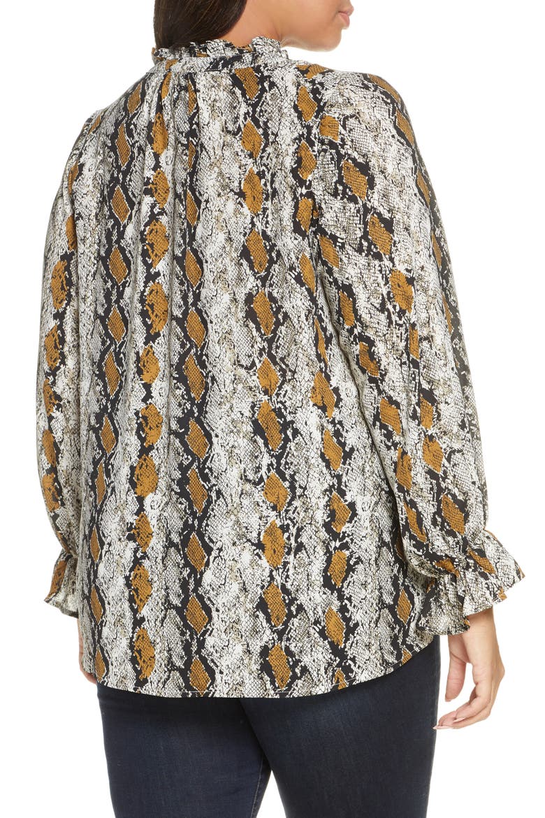 Print Tie Neck Blouse, Alternate, color, MUSTARD SNAKE PRINT