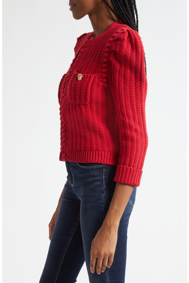 Delli Juliet Sleeve Cotton Blend Cardigan, Alternate, color, ENGINE RED/ GOLD